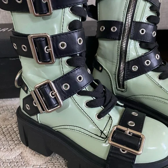 DollsKill | Current Mood Cyber Y2K Goth Grunge Buckle Green Platform Boots - Picture 5 of 10